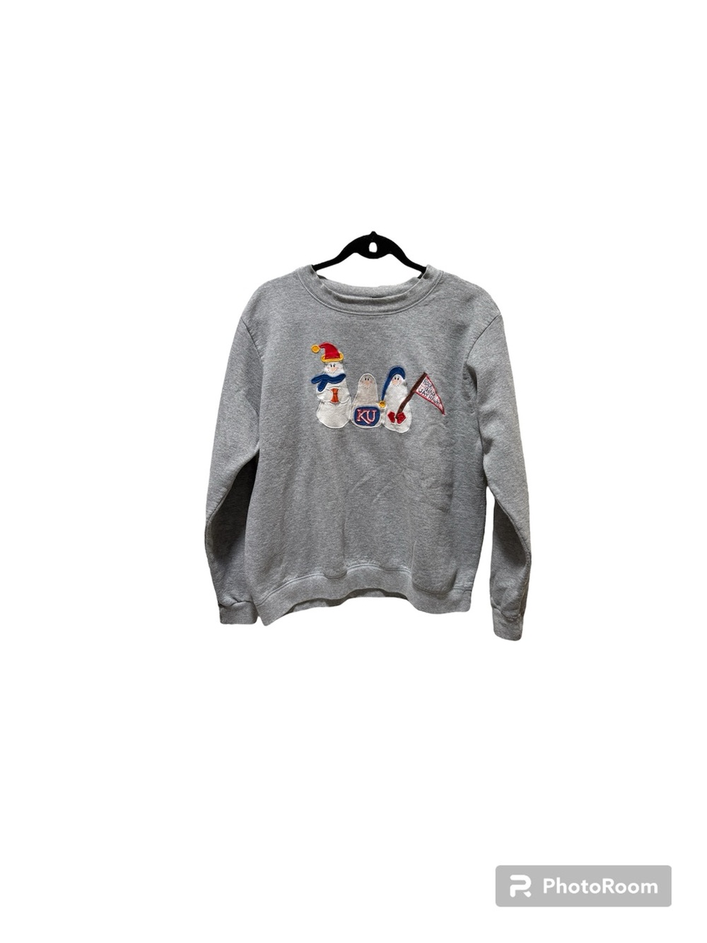 Vintage Handmade Granny Style Gray Crewneck Sweatshirt with Snowman KU Kansas